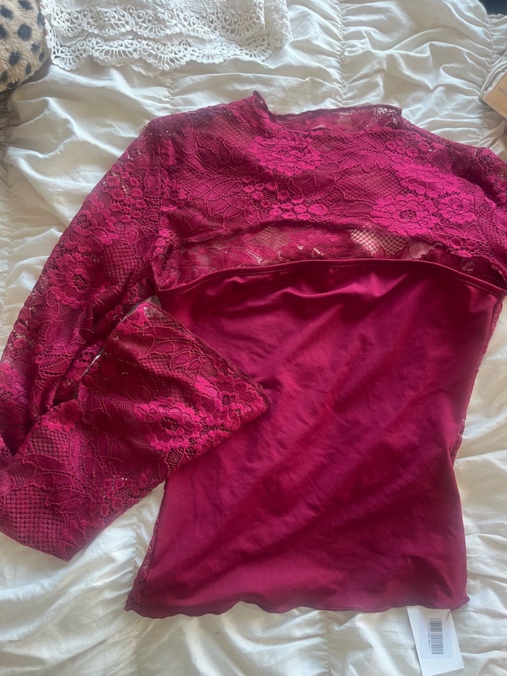 Lace-Trim Satin Top in Raspberry from Venderby's